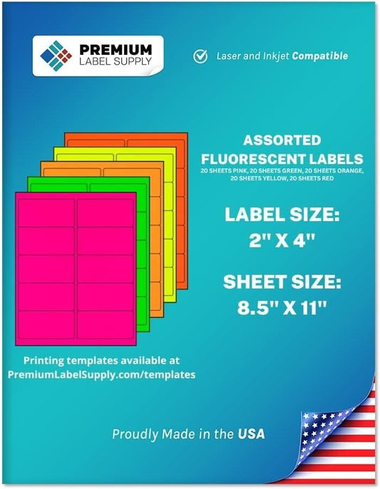 2" x 4" Fluorescent Labels - 1000 Assorted Neon Stickers for Home & Office Use