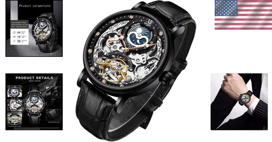 Men's Luxury Skeleton Automatic Watch with Luminous Hands & Moon Phase – Elegant