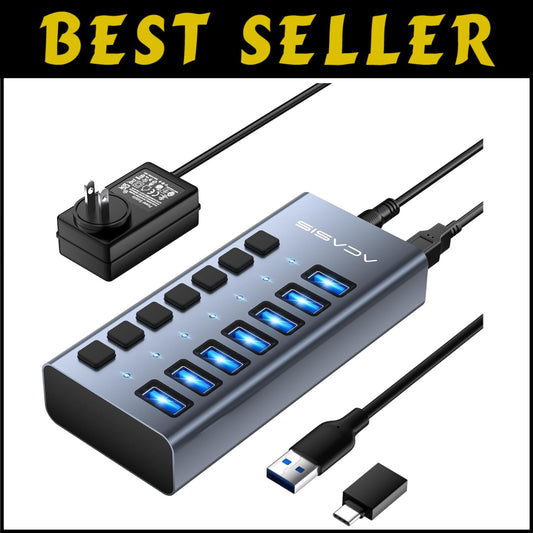Powered USB 3.1 Hub: 7 High-Speed Ports with Switches for Safe Charging Needs