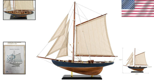 Large Pre-Assembled Sailboat Model with Plank-On-Frame Hull - 20.5" Navy Decor