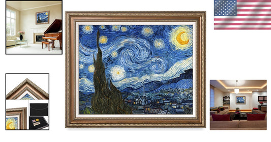 Classic Starry Night Giclee Canvas Art - Framed Size 36x30in - Made in USA