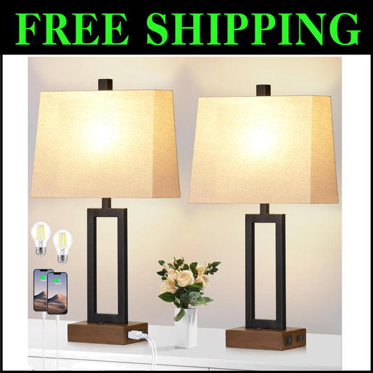 Stylish Bedside Table Lamp Duo with 2 USB Charging Ports & Elegant Linen Shades