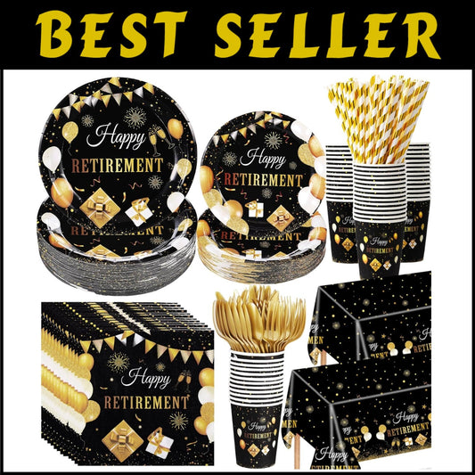Complete 452-Pc Retirement Party Decoration Set: Elegant Black Gold Tableware