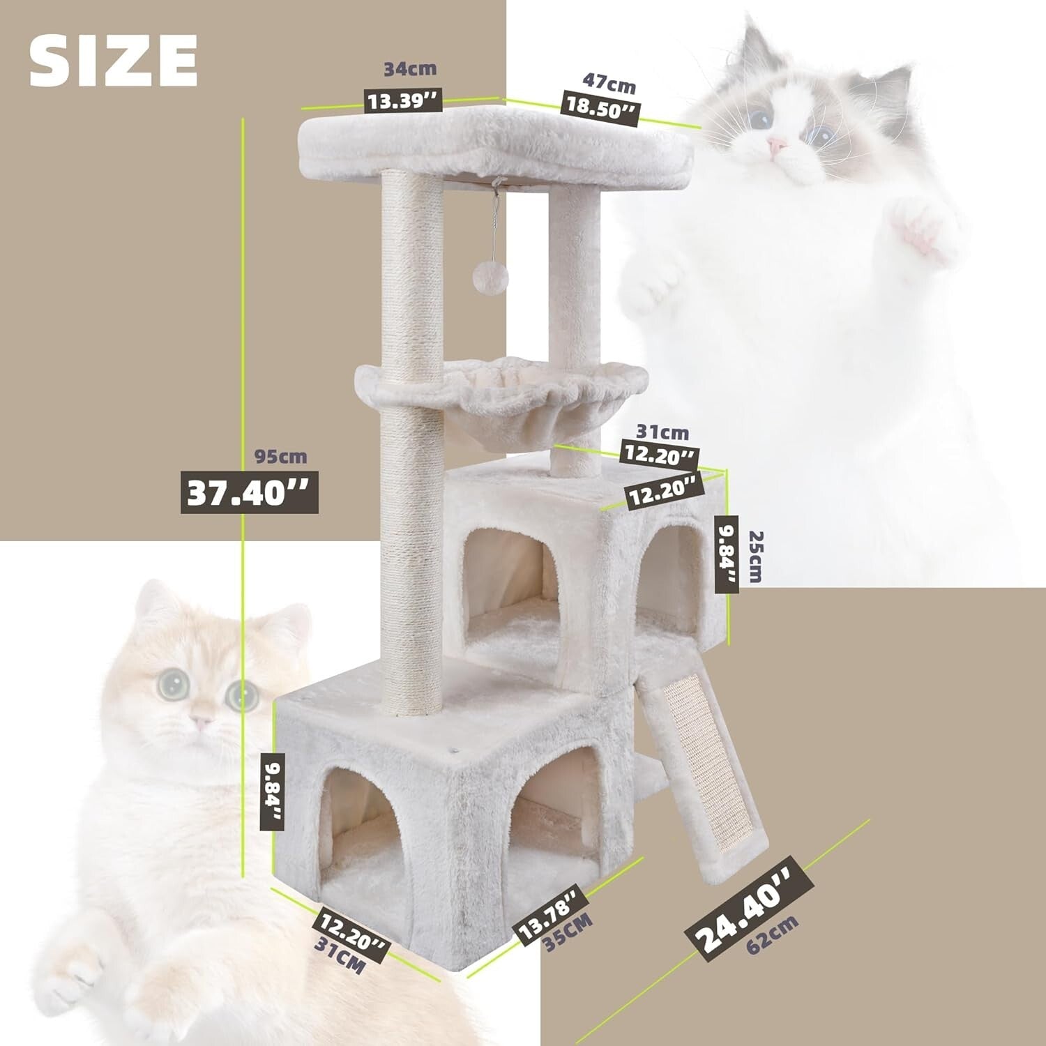 37.4" Beige Cat Tree Tower with Cozy Condos & Scratching Post for Cats