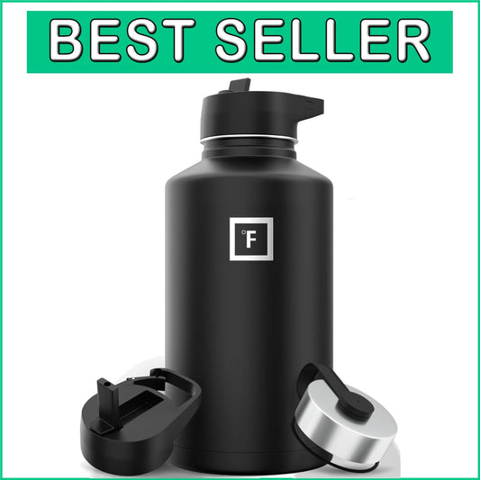Double-Walled Sports Water Bottle with 3 Leak-Proof Lids - 64 oz Stainless Steel