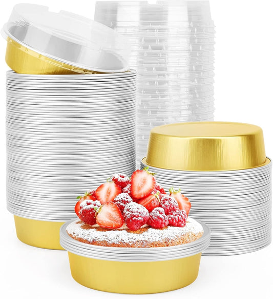 Bulk 100 Mini Cake & Tart Pans - Golden Disposable Aluminum Pie Tins with Lids