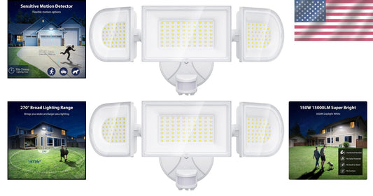 9000 Lumens Bright Motion Sensor Flood Lights - 3 Adjustable Heads for Security
