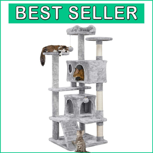 54in Multi-Level Cat Tree with Condos & Scratching Posts - Light Gray Playground