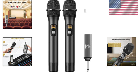 Dual Cordless UHF Microphone Set - Rechargeable Metal Design for Versatile Use