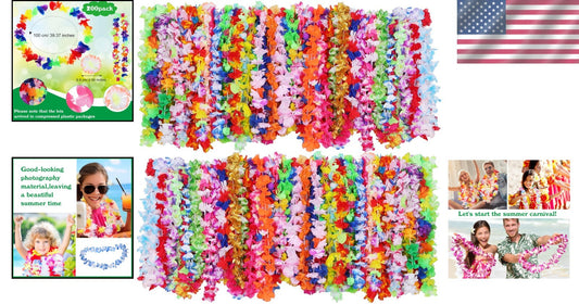 Vibrant 200 PCS Flower Lei Necklaces for Hawaiian Luau Parties & Beach Events