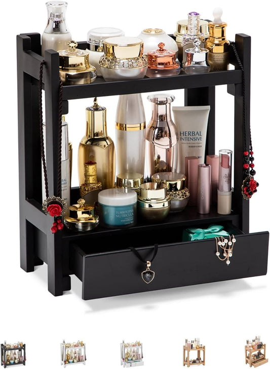 Elegant Bamboo Makeup Organizer - Stylish Cosmetic Storage Caddy for Countertop