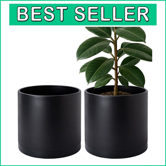 Cylindrical 12-Inch Indoor/Outdoor Planters with Drainage Saucers - Set of 2