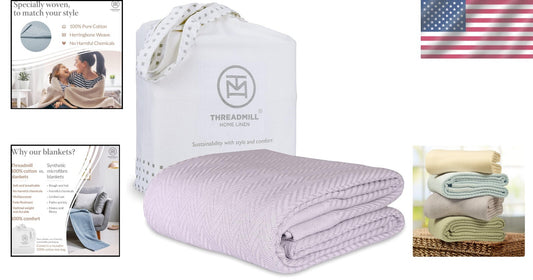 All-Season Lightweight King Size Blanket - Durable Herringbone Cotton Throw