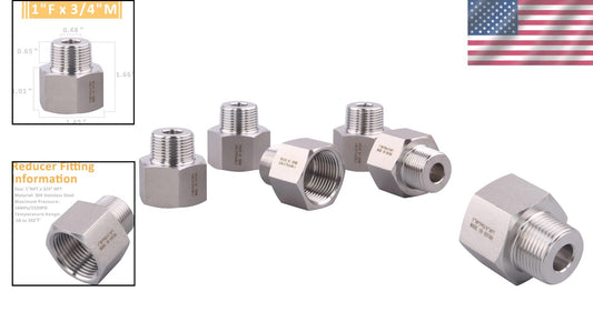 Pack of 5 Stainless Steel 304 Reducer Adapter Fittings - 1" Female x 3/4" Male