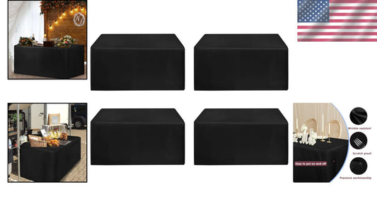 Elegant Black Fitted Table Covers - 4 Pack for Weddings, Buffets & Banquets