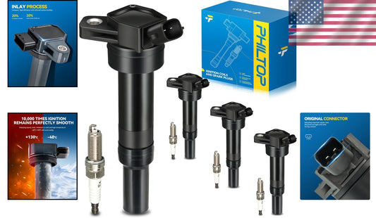 Universal Ignition Coil Pack and Spark Plugs Set (4) for Hyundai & Kia Vehicles
