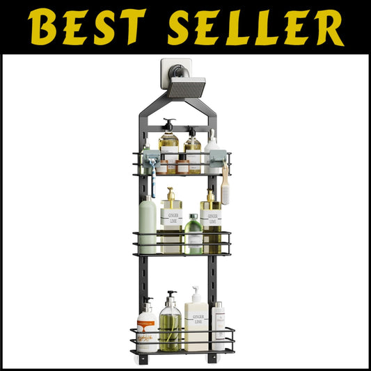 3-Tier Rust-Resistant Shower Caddy with Adjustable Shelves – Black Hanging Rack