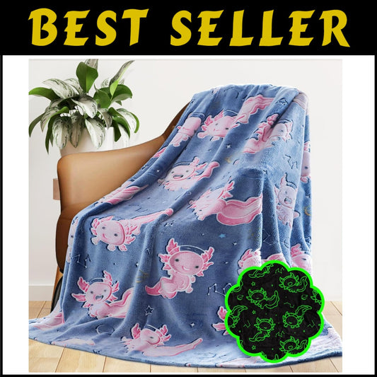 Twin Size Soft Axolotl Fleece Blanket – Cozy Glow in the Dark Decor for Kids