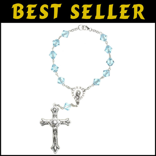 Unique 8-Inch Auto Clasp Rosary with Aquamarine Beads & Silver Plate Crucifix