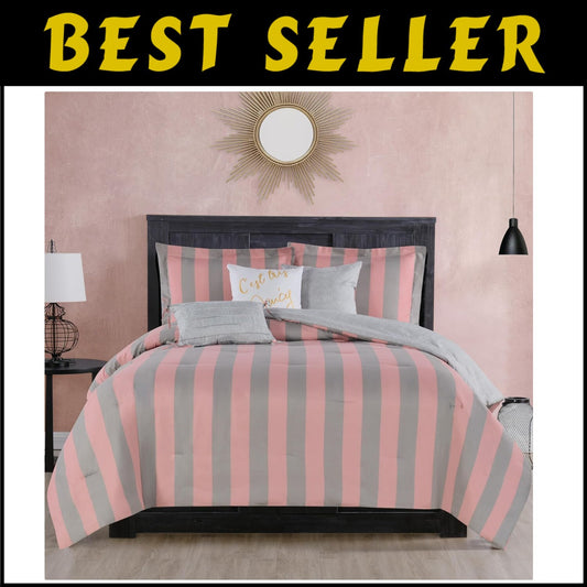 Chic Pink and Grey Strip Comforter Set - Includes 3 Pillows - 6 Piece Queen/Full