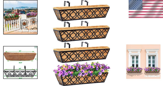 Durable 24 Inch Railing Planters - Black Metal with Coconut Coir Liners (4 Pack)