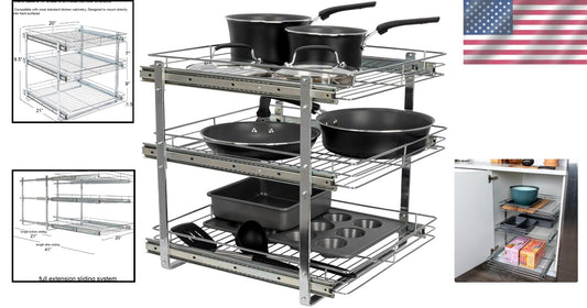 Durable 3-Tier Chrome Kitchen Slide-Out Organizer for Efficient Cookware Storage