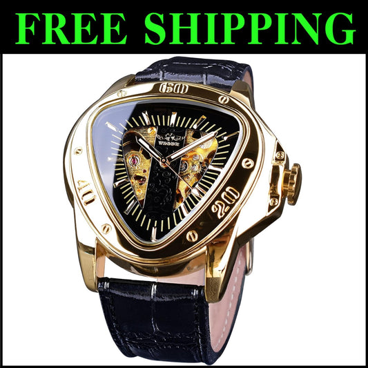 Elegant Mechanical Men's Watch with Pyramid Dial and Leather Strap Design
