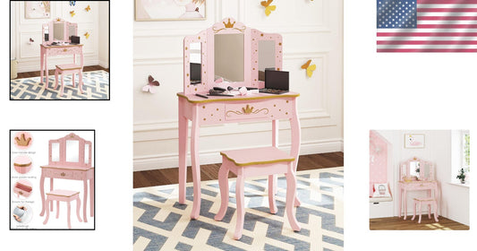 Elegant Kids Vanity Set with Pink Mirror and Stool - Perfect for Little Girls