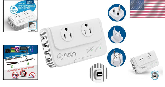 European Travel Adapter - 200W Voltage Converter with Type C, E/F & 4 USB Port