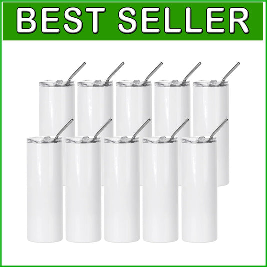 Bulk 10-Pack 20 oz Sublimation Skinny Tumblers - White Stainless Steel Cups