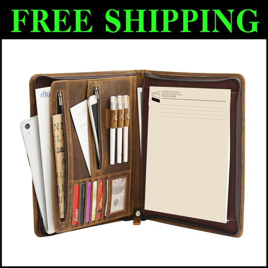 Luxury Full Grain Leather Zippered Portfolio Padfolio for Business Professionals