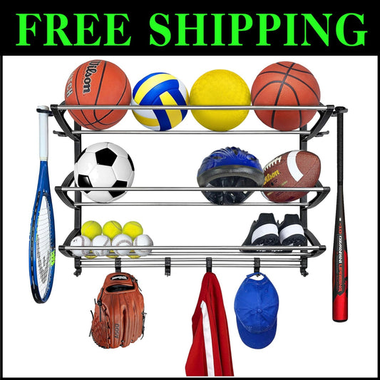 Customizable Wall-Mount Sports Organizer: Stylish Garage Gear Storage with Hooks
