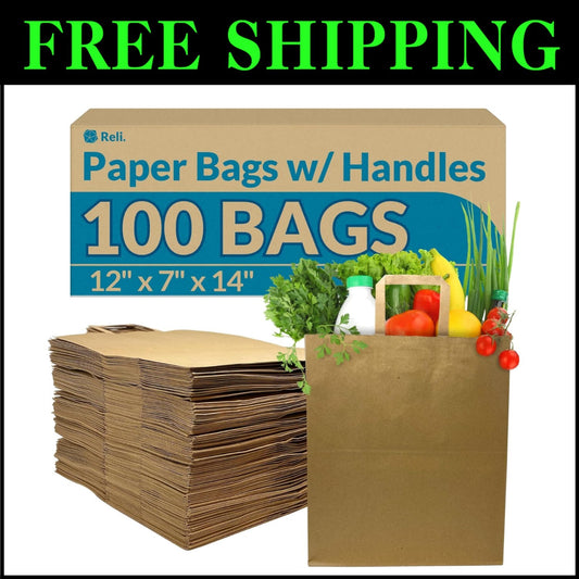 Heavy Duty 100 Pack Paper Grocery Bags - Convenient Handles & Self-Seal Closure