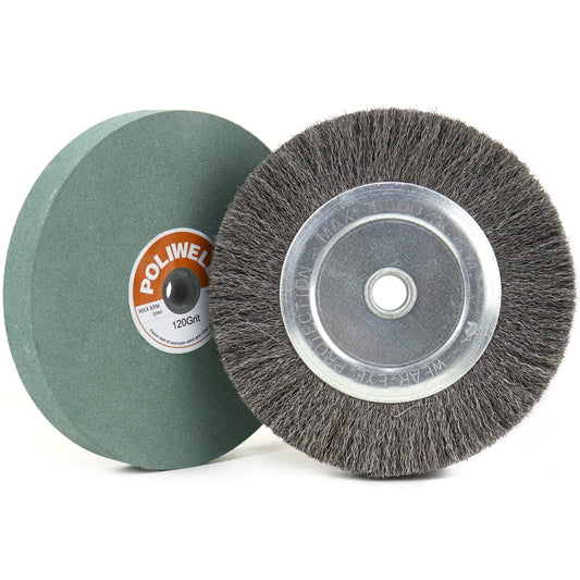 Premium 6-Inch Bench Grinder Wheel and Fine Crimped Wire Brush Combo for Tools