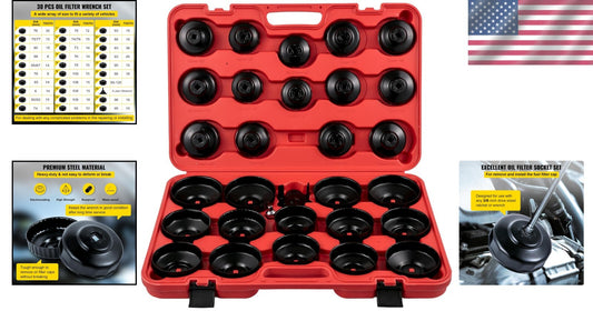 Versatile 30-Pcs Black Oil Filter Socket Wrench Set with Low-Profile Design