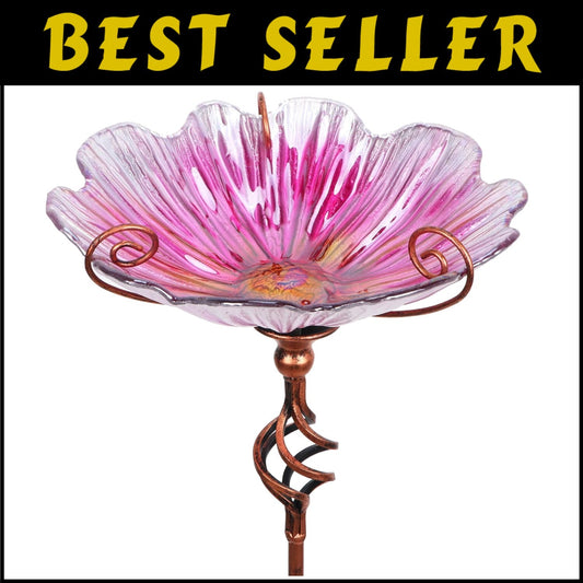 31-Inch Pink Glass Birdbath & Feeder with Metal Stake - Weatherproof Design