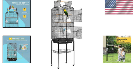 64-Inch Black Bird Cage with Play Top & Rolling Stand for Parrots and More