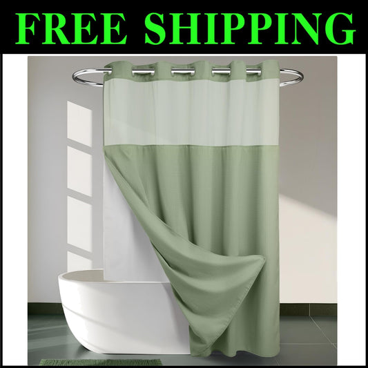 Water-Repellent Sage Green Shower Curtain – Effortless Hook-Free Installation