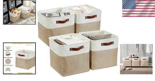 Durable 13 Inch Cube Storage Bins - Beige & White - Perfect for Organizing