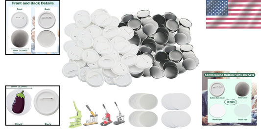 58mm Round Badge Button Supplies - 200 Sets with Film & Blank Paper Included