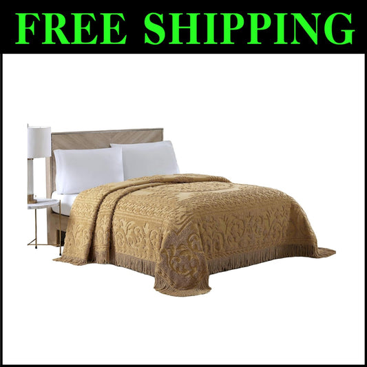 Luxurious Queen Gold Chenille Bedspread with Medallion Design - Vintage Charm