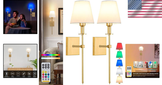 Elegant Gold Battery-Powered Wall Sconce Set - Dimmable & Adjustable Lighting