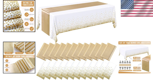 Elegant 24-Pack White and Gold Disposable Tablecloths & Runners for Celebrations