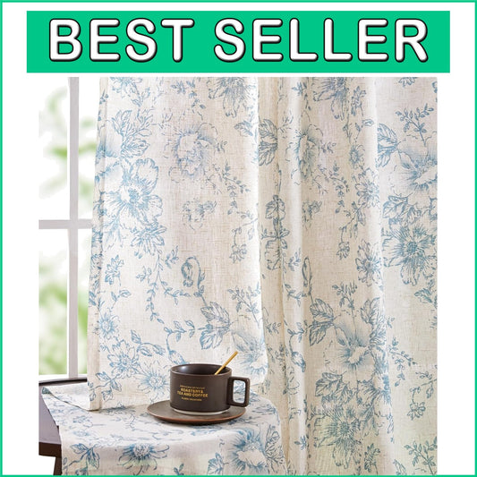 Elegantly Floral Blue Linen Blend Curtains - 63 Inch Light-Filtering Drapes