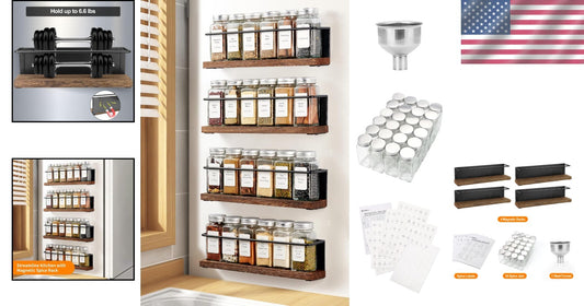 Polished Magnetic Spice Rack Set with 24 Glass Jars and Funnel - Modern Storage