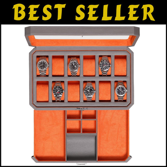 12 Slot Luxury Leather Watch Box with Valet Drawer - Elegant Storage Organizer