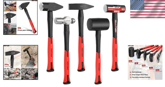 Heavy-Duty 5-Piece Hammer Set with Ergonomic Fiberglass Handles for Comfort