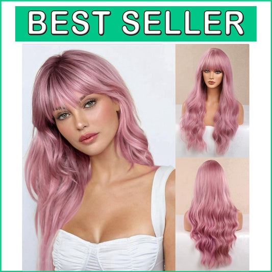 Breathable Baby Pink Wig with Natural Bangs – Heat Resistant for Daily Wear