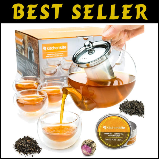 Elegant Glass Teapot Set with 4 Double Wall Teacups & Stainless Steel Infuser