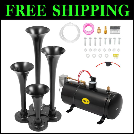 Compact Train Horn System for Trucks & Cars - 4 Trumpets with 20 PSI Compressor